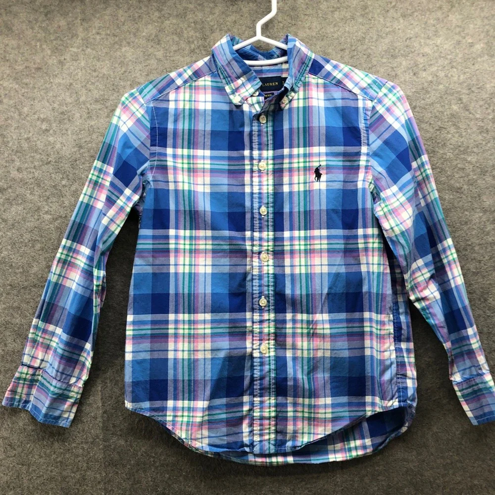 Polo Ralph Lauren Boys Size 8 Long Sleeve Button Down Shirt Blue Plaid